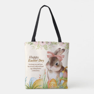 Tote Bag Aquarelle Lapin floral avec noeud Jour de Pâques j
