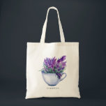 Tote Bag Aquarelle Lavande Fleurs dans Teacup Personnalisé<br><div class="desc">Sac fourre-tout floral blanc et botanique avec bouquet d'aquarelle de fleurs de lavande à l'intérieur d'un teacup. Personnalisez en ajoutant des noms ou des phrases courtes. Ce sac fourre-tout lavande sera parfait comme cadeau personnalisé.</div>