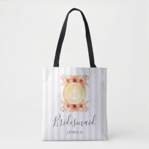 Tote Bag Aquarelle marine Floral Gold Ancre Bridesmaid