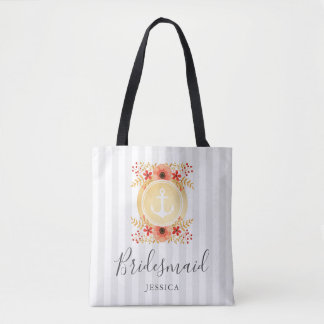 Tote Bag Aquarelle marine Floral Gold Ancre Bridesmaid