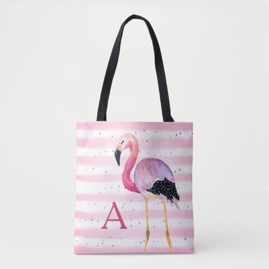 Tote Bag Aquarelle mignonne Flamant rose Monogramme Bande r (Devant)