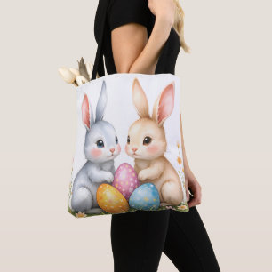 Tote Bag Aquarelle mignonne lapins de Pâques heureux Pâques