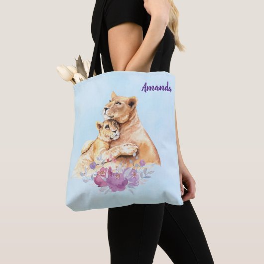 Tote Bag Aquarelle mignonne Mère Lion & Cub (De près)