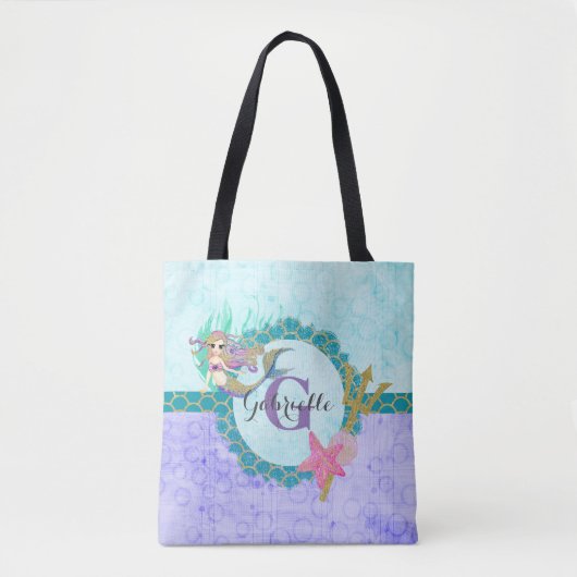 Tote Bag Aquarelle mignonne sirène Turquoise et violet (Devant)