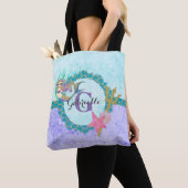 Tote Bag Aquarelle mignonne sirène Turquoise et violet (De près)