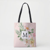 Tote Bag Aquarelle moderne Fleurs roses Monogrammes (Devant)