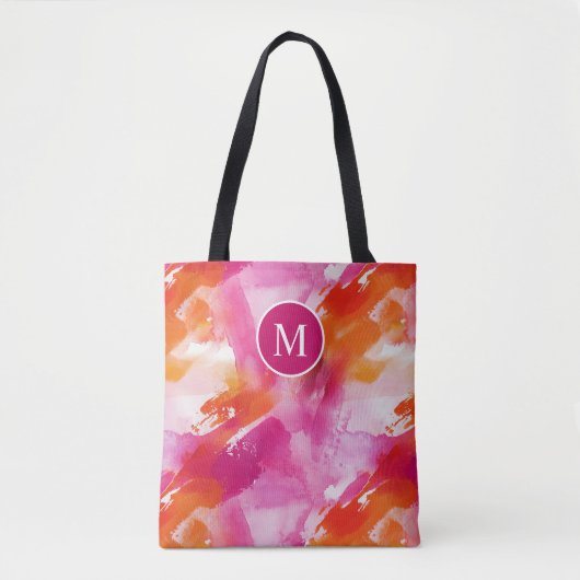 Tote Bag Aquarelle Monogram Orange Rose Abstrait (Devant)