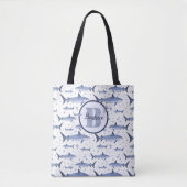 Tote Bag Aquarelle Monogramme requin Motif avec nom blanc (Devant)