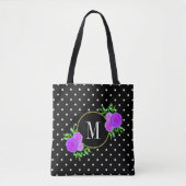 Tote Bag Aquarelle noire mûre Fleurs violettes Dots Monogra (Devant)