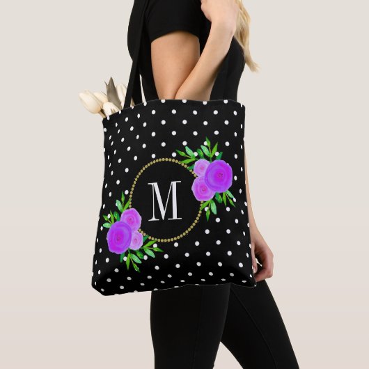 Tote Bag Aquarelle noire mûre Fleurs violettes Dots Monogra (De près)