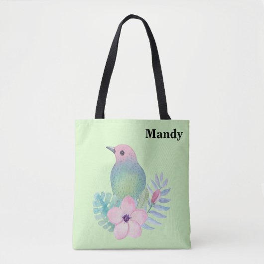 Tote Bag Aquarelle Oiseau et Fleur (Devant)