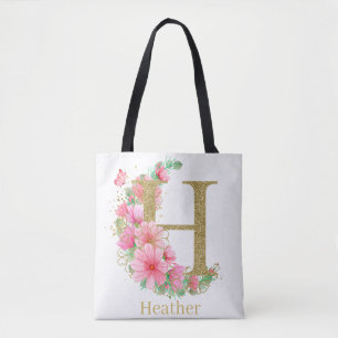 Tote Bag Aquarelle Or et Lettre Monogramme Floral H