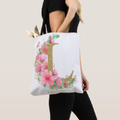 Tote Bag Aquarelle or et monogramme floral L (De près)