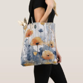 Tote Bag Aquarelle Orange Fleurs Blue Indigo Design 347 (De près)