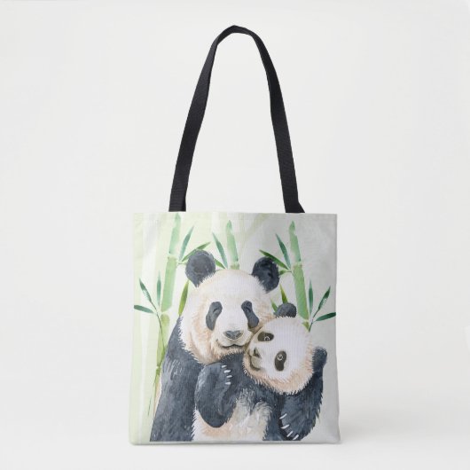 Tote Bag Aquarelle Panda Ours Maman & Bébé en Bambou (Devant)
