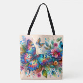Tote Bag Aquarelle Papillon Floral Fleurs Bleu rose (Devant)
