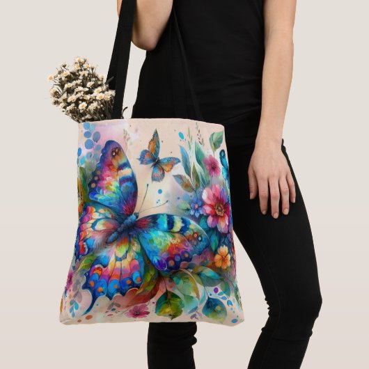 Tote Bag Aquarelle Papillon Floral Fleurs Bleu rose (De près)