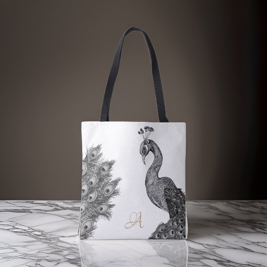 Tote Bag Aquarelle Peacock Monogramme noir et blanc