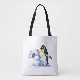 Tote Bag Aquarelle Penguin construire des bonhomme de neige