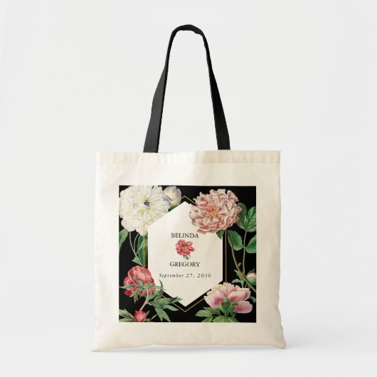 Tote Bag Aquarelle Peonies rose Fleurs Mariage Noir (Devant)