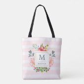 Tote Bag Aquarelle Peony Flowers avec Monogramme et rayures (Dos)