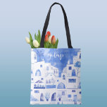 Tote Bag Aquarelle personnalisée de l'île grecque de Santor<br><div class="desc">Aquarelle bleu et blanc,  peinture murale basée sur l'île grecque de Santorin. Art original de Nic Squirrell. Modifiez le nom pour personnaliser.</div>