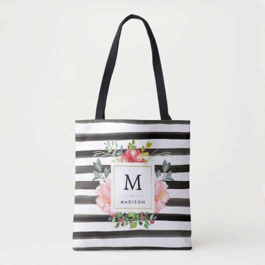 Tote Bag Aquarelle pivoines avec bandes noires et monogramm (Devant)