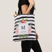 Tote Bag Aquarelle pivoines avec bandes noires et monogramm (De près)