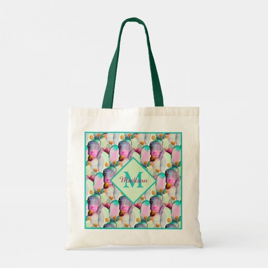 Tote Bag Aquarelle Prickly Pear Cactus Fleurs Monogramme T (Dos)