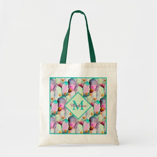 Tote Bag Aquarelle Prickly Pear Cactus Fleurs Monogramme T (Devant)