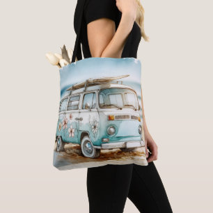 Tote Bag Aquarelle Retro Campervan Avec Surf