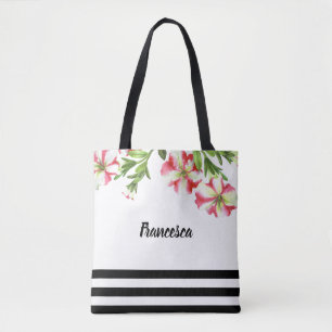 Tote Bag Aquarelle rose blanc Petunias Design floral