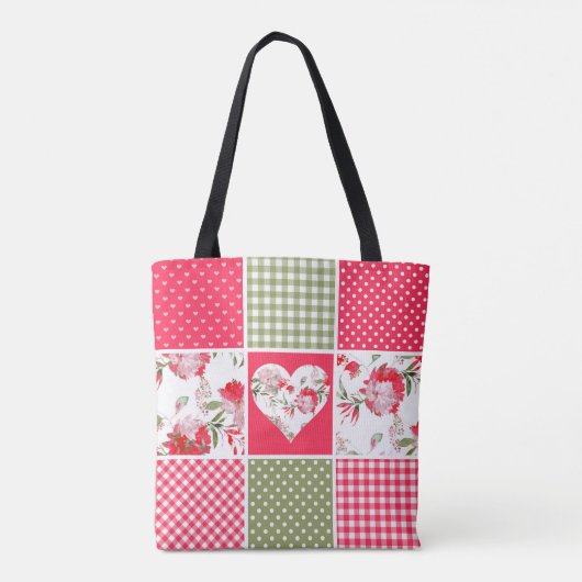 Tote Bag Aquarelle rose et vert Patchwork floral (Dos)