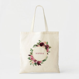 Tote Bag Aquarelle rose et vin Fleurs colorées avec or