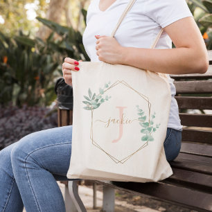 Tote Bag Aquarelle rose Eucalyptus cadre Monogramme