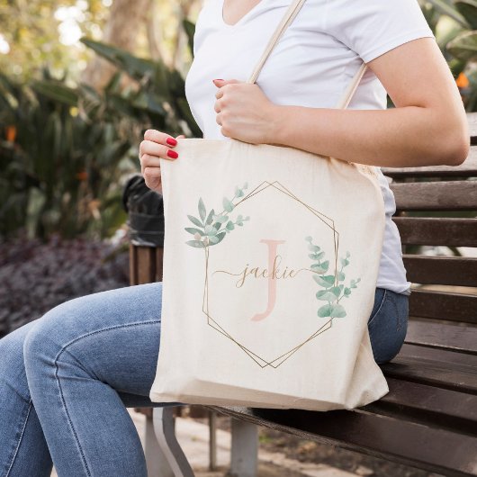 Tote Bag Aquarelle rose Eucalyptus cadre Monogramme