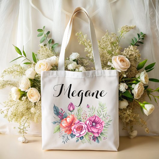 Tote Bag aquarelle rose fleurie nom bridesmaid à