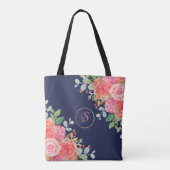 Tote Bag Aquarelle Rose Floral Navy Monogramme (Dos)