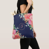 Tote Bag Aquarelle Rose Floral Navy Monogramme (De près)