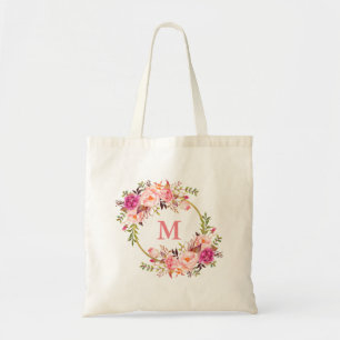 Tote Bag Aquarelle rose Floral Wreath Monogramme Or