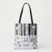 Tote Bag aquarelle rose gris feuillage musique piano (Devant)