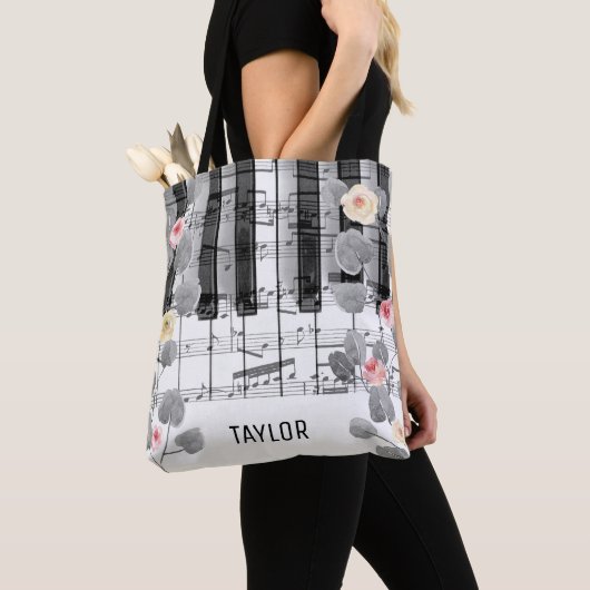 Tote Bag aquarelle rose gris feuillage musique piano (De près)