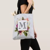 Tote Bag Aquarelle rose moderne Bouquet floral Monogramme (De près)