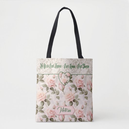 Tote Bag Aquarelle Rose Pâle et Rose Fleurie aux Dentelles  (Devant)