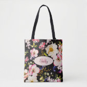 Tote Bag Aquarelle rose Roses jaunes sur noir, Monogramme (Devant)