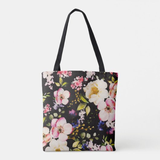 Tote Bag Aquarelle rose Roses jaunes sur noir, Monogramme (Dos)