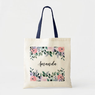 Tote Bag Aquarelle rose violet vert à la frontière florale