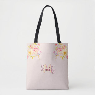 Tote Bag Aquarelle Roses Jaunes Rose, Monogramme