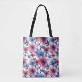 Tote Bag Aquarelle rouge, fleurs bleues sur le blanc (Devant)