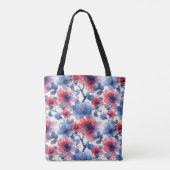 Tote Bag Aquarelle rouge, fleurs bleues sur le blanc (Dos)